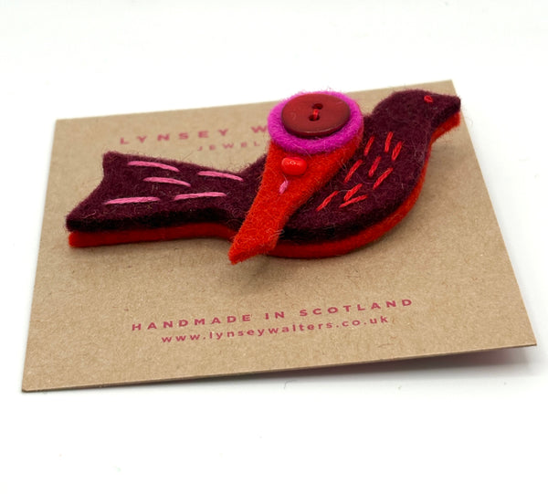 Little Birdy Brooch, Burgundy