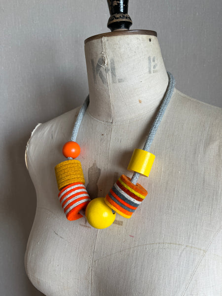 Industrial Felt, Wood and Rope Necklace - Orange Mix