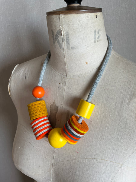Industrial Felt, Wood and Rope Necklace - Orange Mix