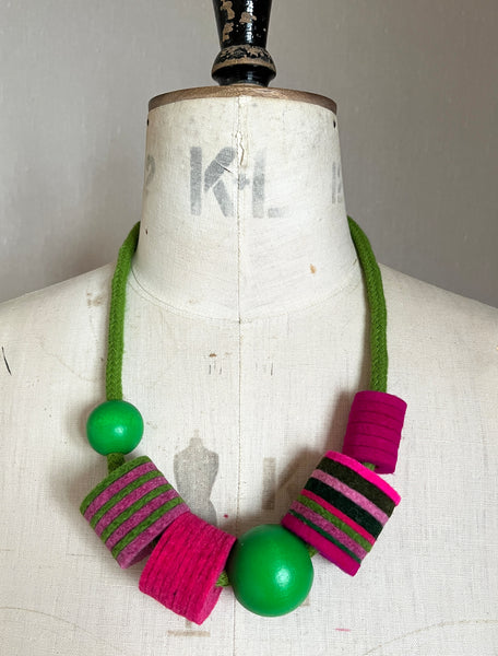 Industrial Felt, Wood and Rope Necklace - Pink & Green