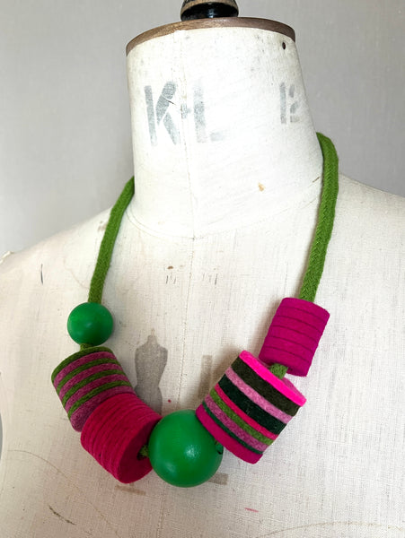 Industrial Felt, Wood and Rope Necklace - Pink & Green
