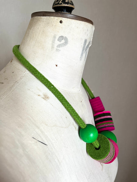 Industrial Felt, Wood and Rope Necklace - Pink & Green