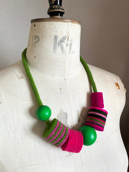 Industrial Felt, Wood and Rope Necklace - Pink & Green
