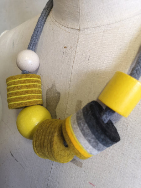 Industrial Felt, Wood and Rope Necklace - Mustard & Grey