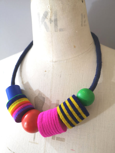 Industrial Felt, Wood and Rope Necklace - Multi Colour