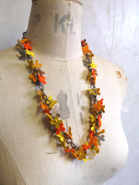 Long flower Confetti Necklace, Orange Mix