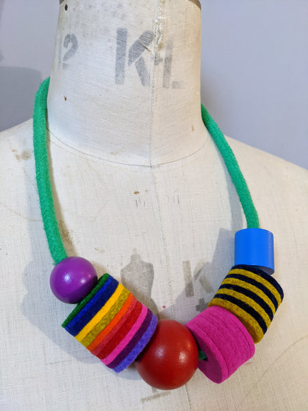 Industrial Felt, Wood and Rope Necklace - Brights