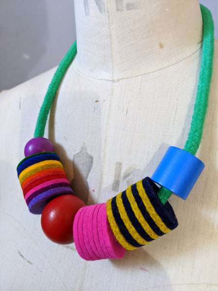Industrial Felt, Wood and Rope Necklace - Brights