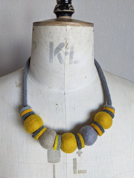 Handmade Merino Beads and Rope Necklace - Mustard & Grey