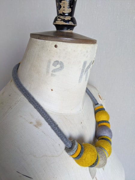 Handmade Merino Beads and Rope Necklace - Mustard & Grey