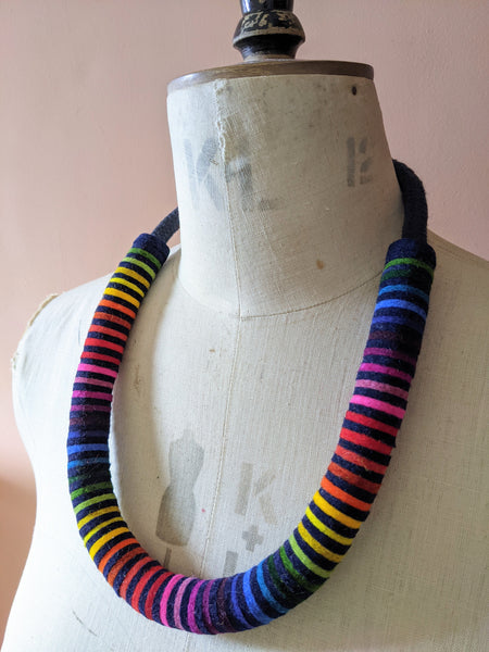 Chunky Rainbow Stripe Necklace - Navy & Multi Colour