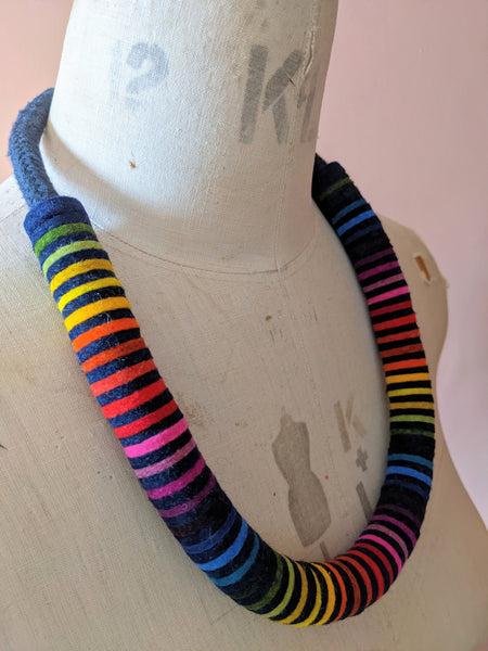 Chunky Rainbow Stripe Necklace - Navy & Multi Colour