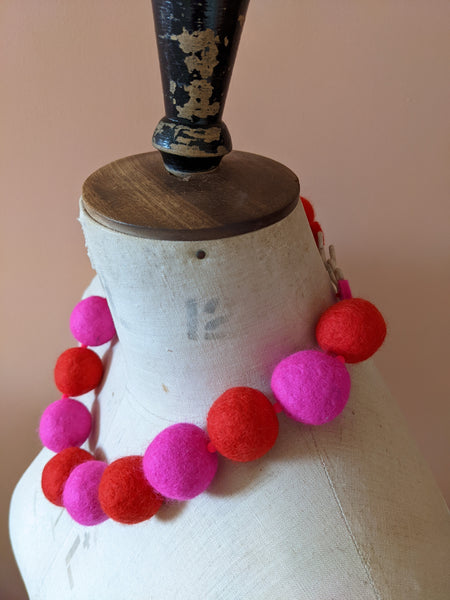 Merino Bead Necklace Neon Pink & Red