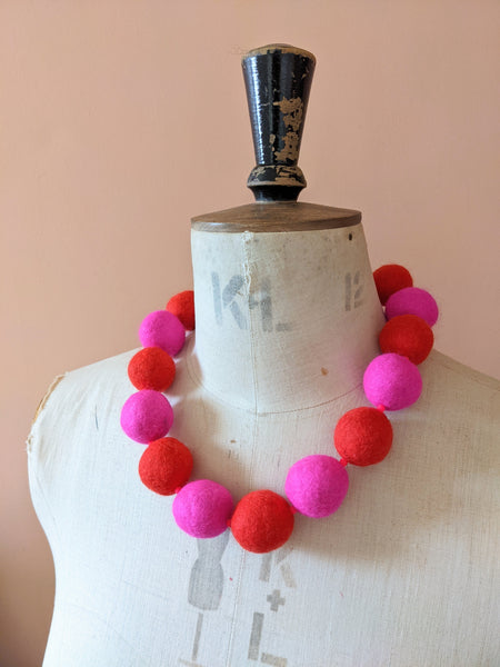 Merino Bead Necklace Neon Pink & Red