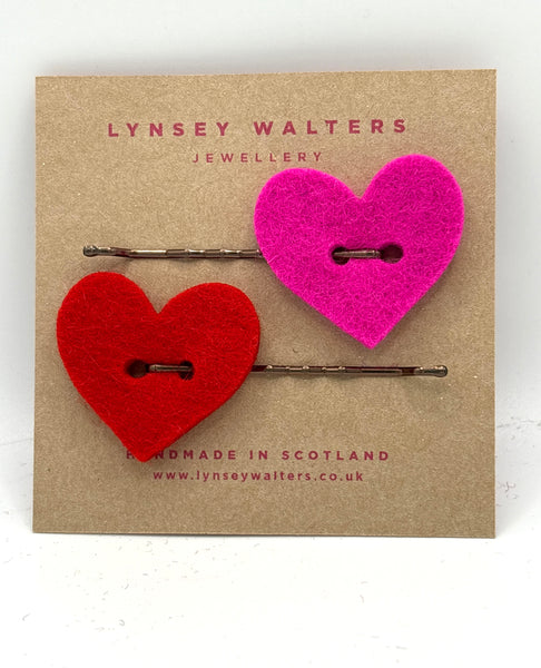 Set of 2 heart hair slides pink & red
