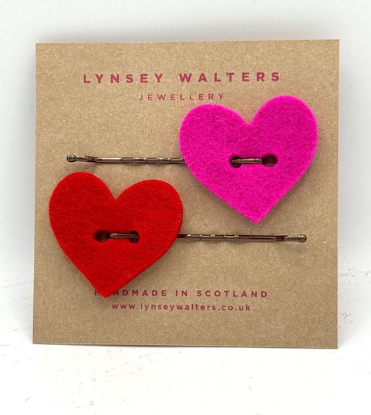 Set of 2 heart hair slides pink & red