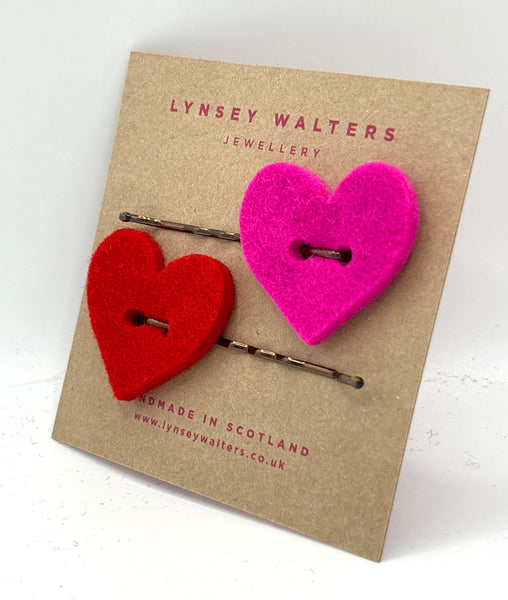 Set of 2 heart hair slides pink & red