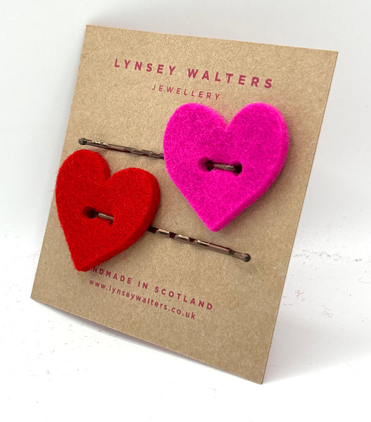 Set of 2 heart hair slides pink & red