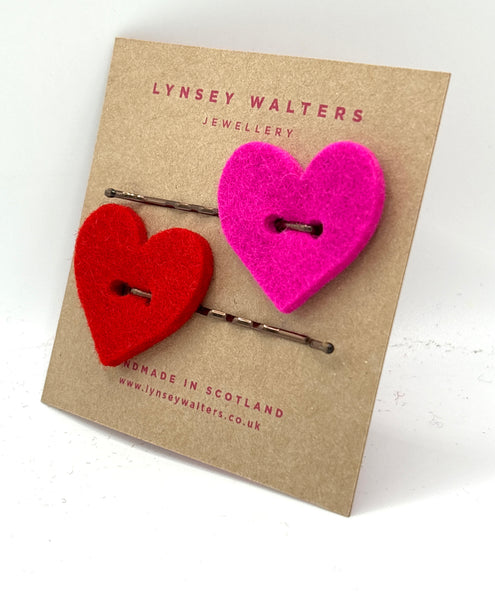 Set of 2 heart hair slides pink & red