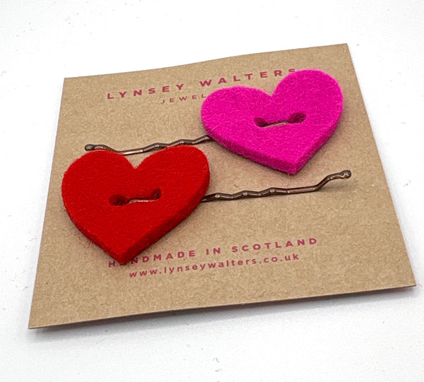 Set of 2 heart hair slides pink & red