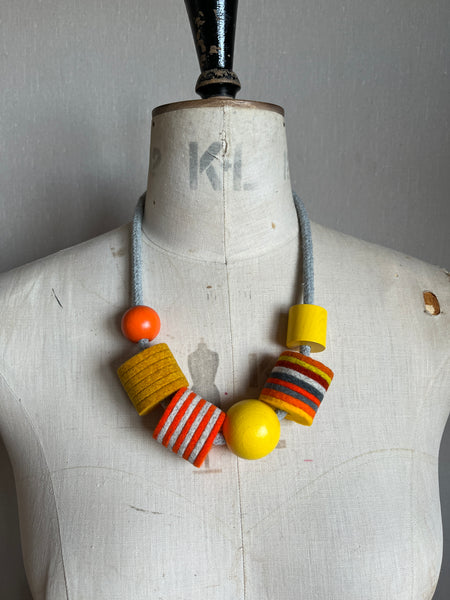 Industrial Felt, Wood and Rope Necklace - Orange Mix
