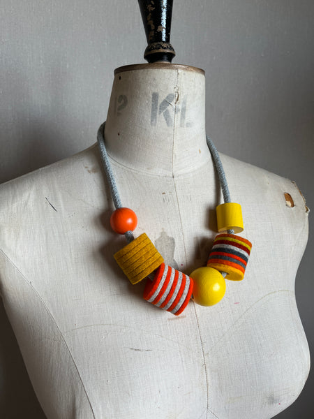 Industrial Felt, Wood and Rope Necklace - Orange Mix