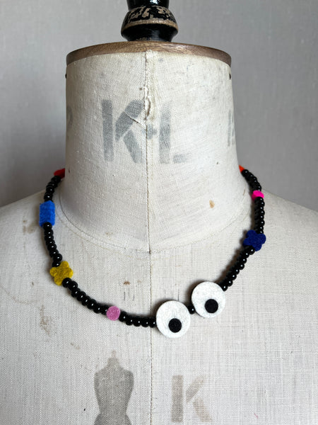 Googly Eyes Necklace, black beads with felt charms