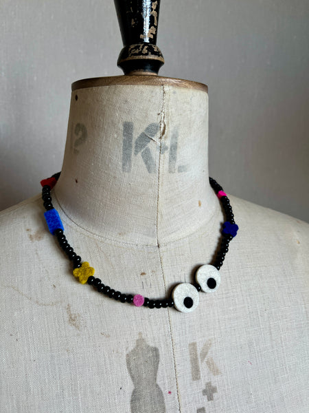 Googly Eyes Necklace, black beads with felt charms