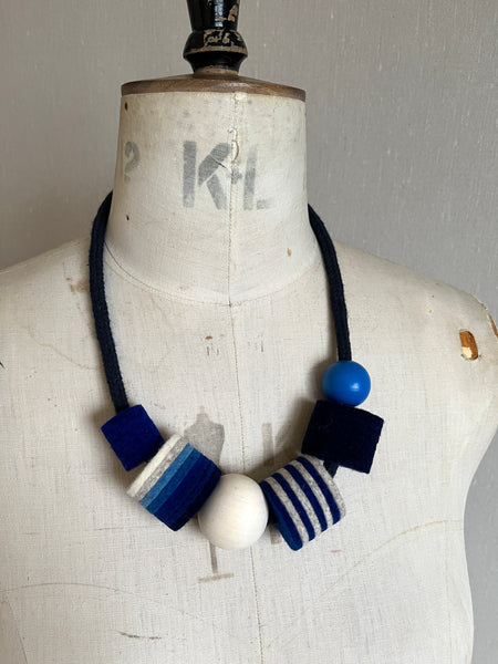 Industrial Felt, Wood and Rope Necklace - Indigo