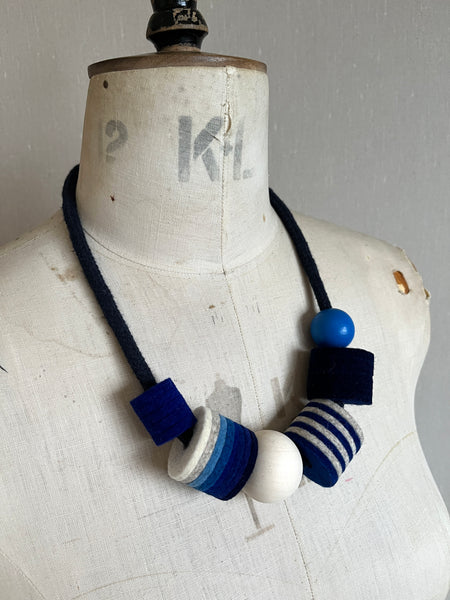 Industrial Felt, Wood and Rope Necklace - Indigo