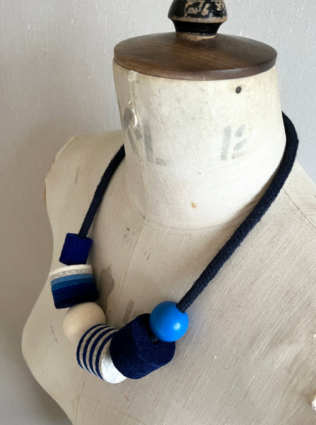 Industrial Felt, Wood and Rope Necklace - Indigo