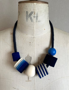 Industrial Felt, Wood and Rope Necklace - Indigo