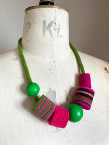 Industrial Felt, Wood and Rope Necklace - Pink & Green
