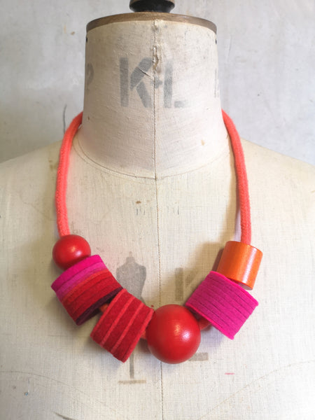 Industrial Felt, Wood and Rope Necklace - Coral