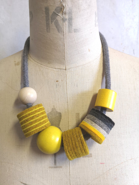 Industrial Felt, Wood and Rope Necklace - Mustard & Grey
