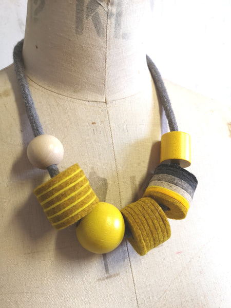 Industrial Felt, Wood and Rope Necklace - Mustard & Grey