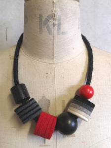 Industrial Felt, Wood and Rope Necklace - Black & White with Red