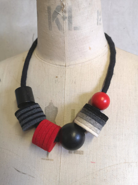 Industrial Felt, Wood and Rope Necklace - Black & White with Red
