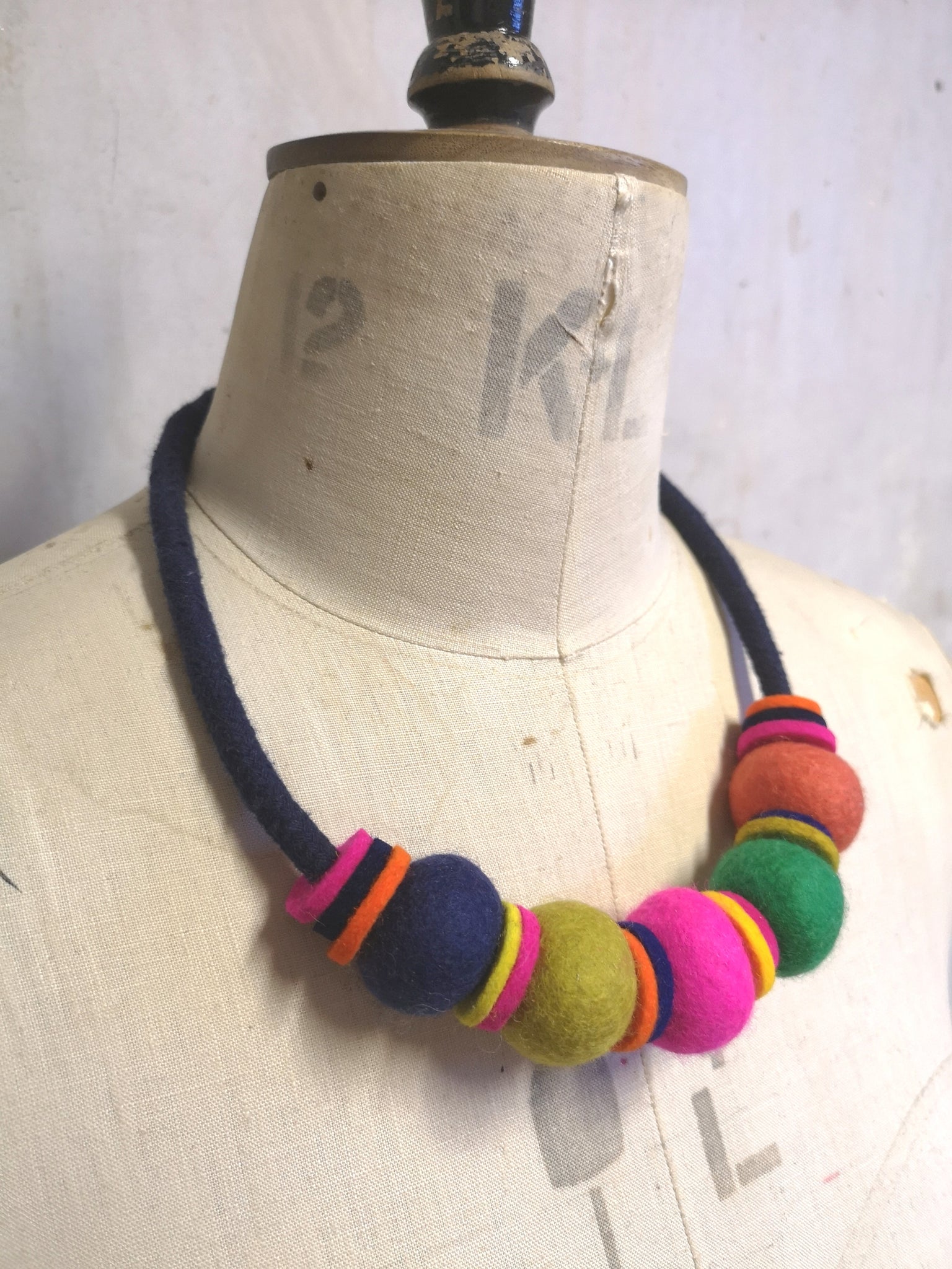 Handmade Merino Beads and Rope Necklace - Multi colour