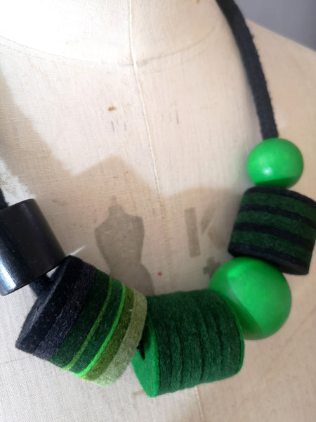 Industrial Felt, Wood and Rope Necklace - Greens & Black