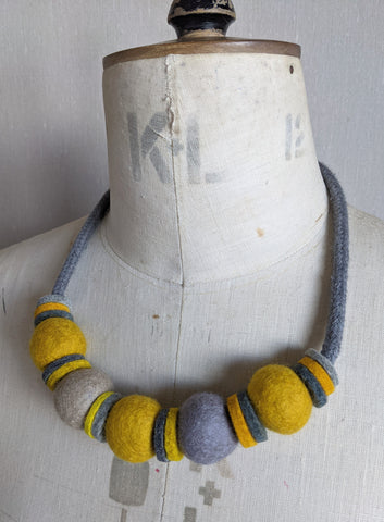 Handmade Merino Beads and Rope Necklace - Mustard & Grey