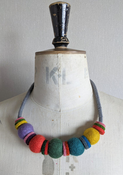 Handmade Merino Beads and Rope Necklace - Soft Multi