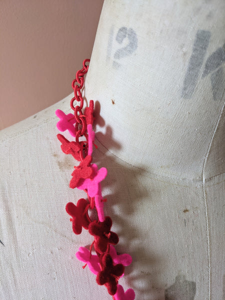 Long flower Confetti Necklace, Scarlet & Pink